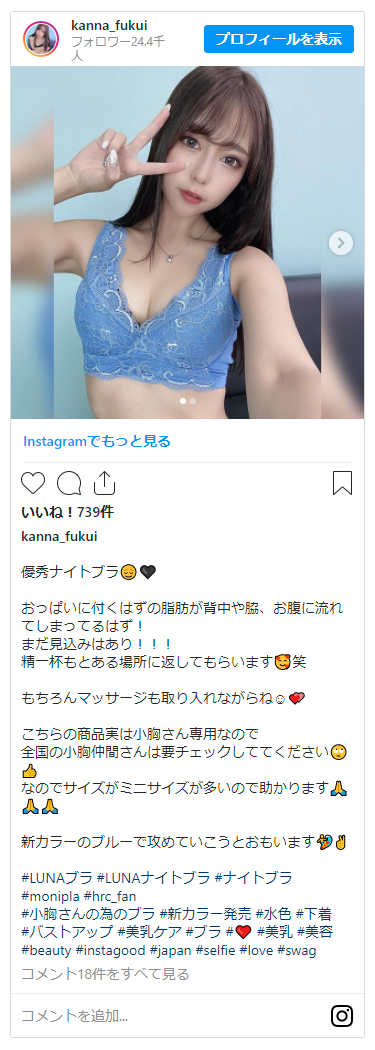 インスタグラムで見つけたLUNAナチュラルアップナイトブラの投稿